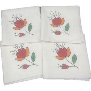Cream Cloth Napkins W/ Bright Stenciled Flowers Orange Red Flowers 14.5” - 4
